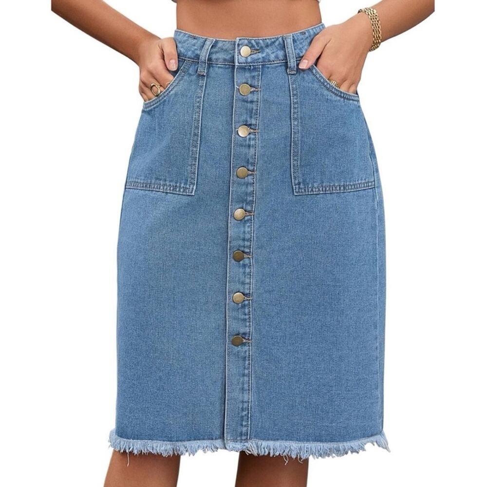 Button Front Denim Midi Skirt